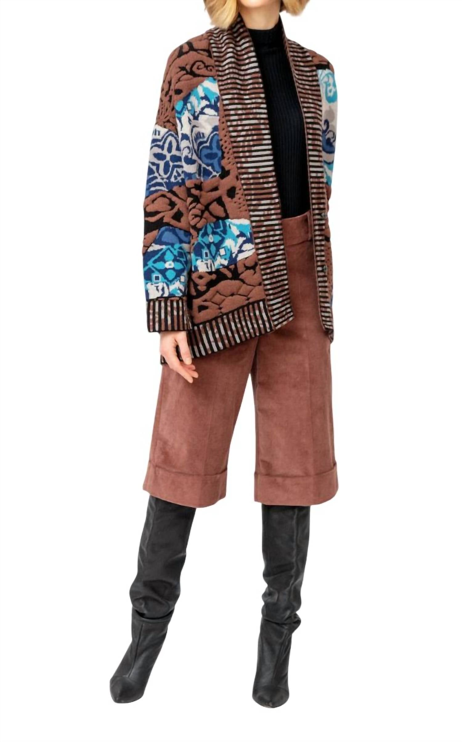 IVKO Jacquard Cocoon Coatigan in brown black - women's cardigan - detail view