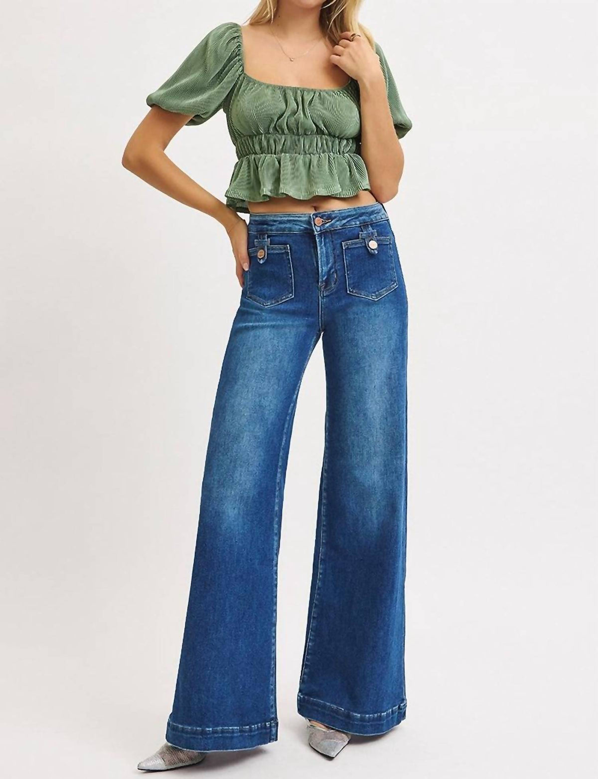 Risen - Mid Rise Fit Wide Leg Jeans With Front Patch Pocket
