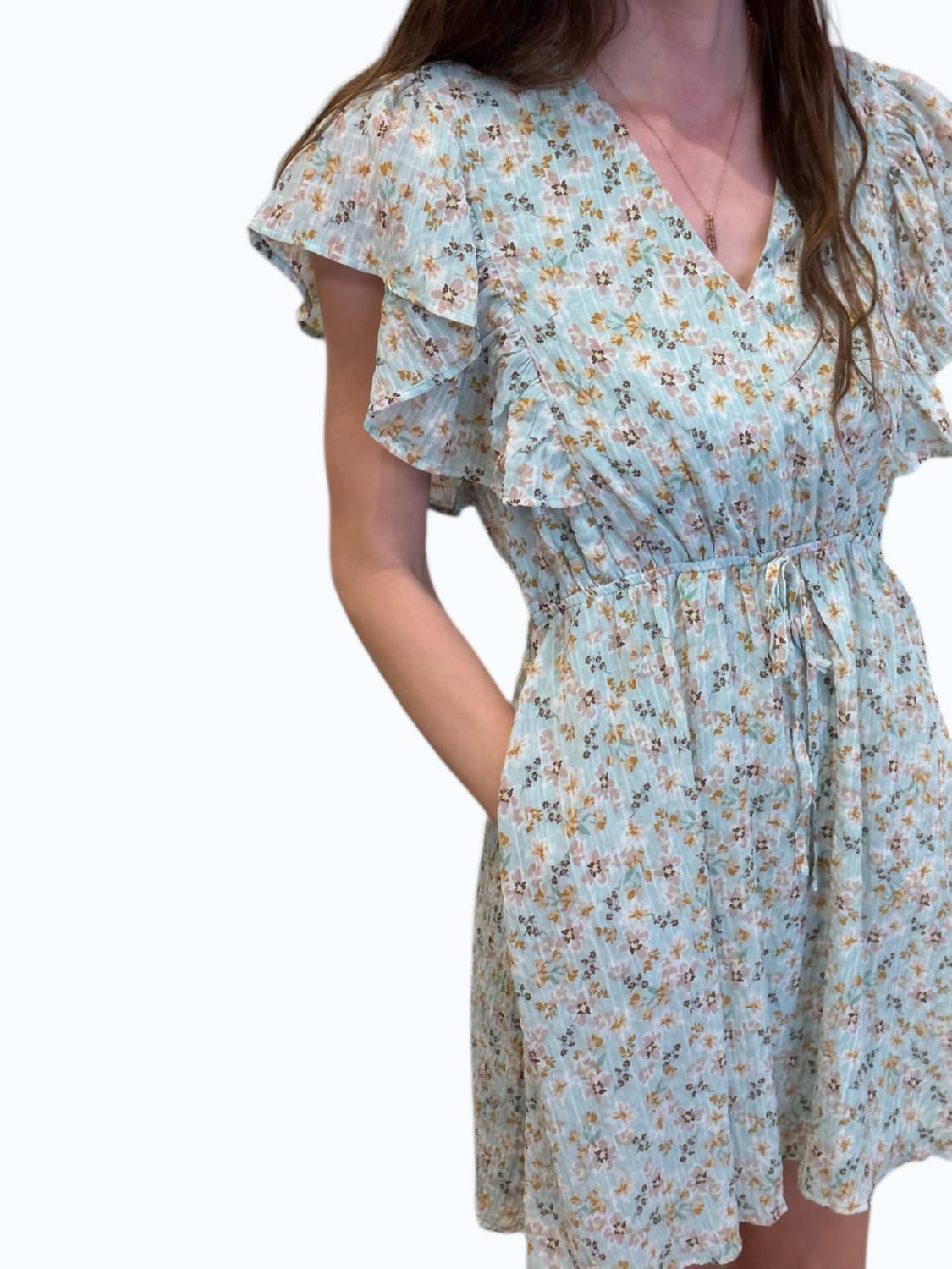 Doe And Rae - Textured Floral V-Neck Sleeveless Tie Back Dress