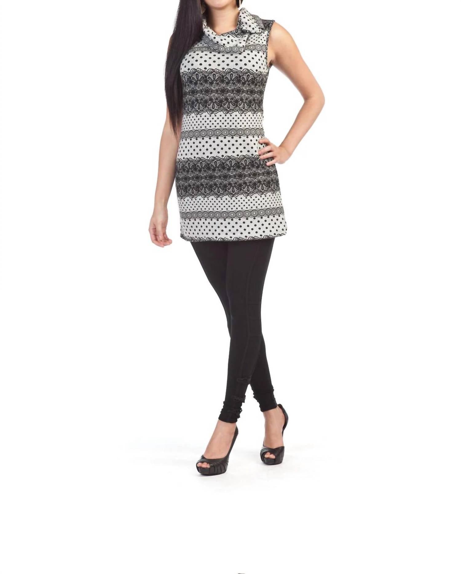 Papillon - Lace Print Sleeveless Drape Collar Dress
