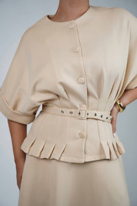 Lalavon - Pleated Waist Knit Top And Maxi Skirt Set