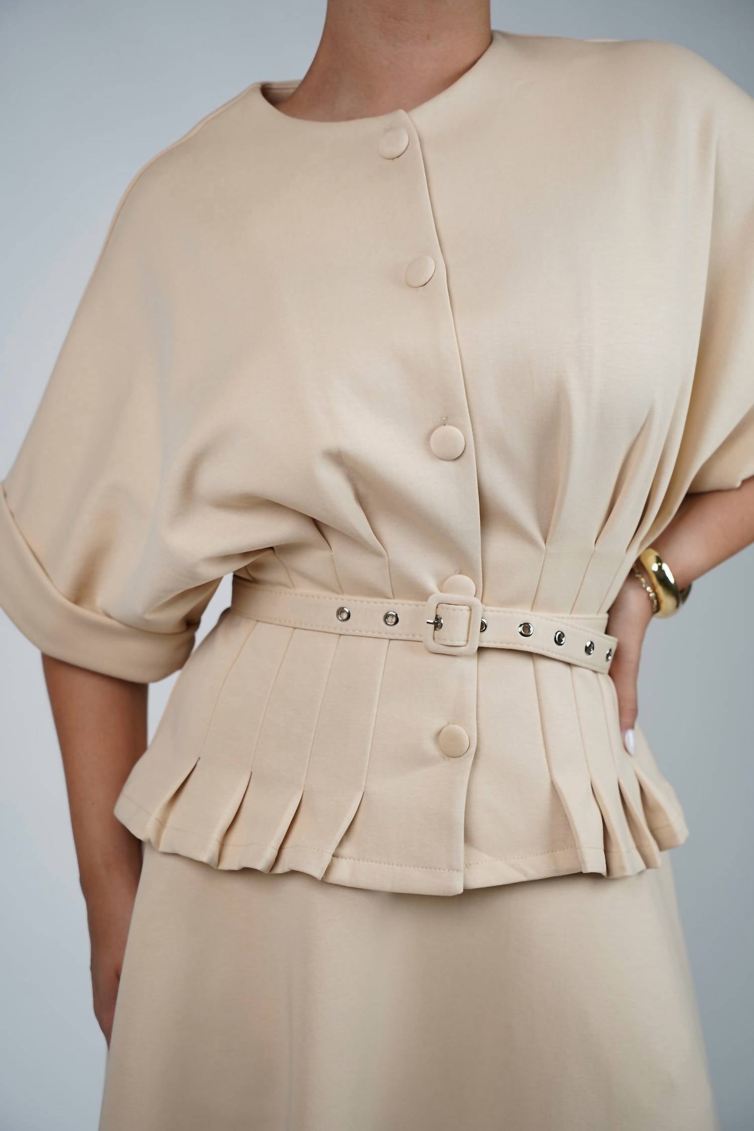 Lalavon - Pleated Waist Knit Top And Maxi Skirt Set