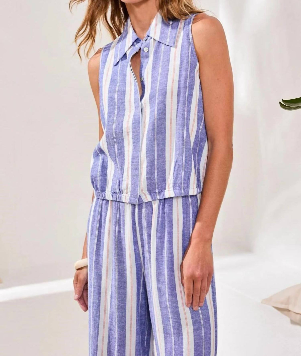 Tribal - Elastic Waist Striped Sleeveless Blouse