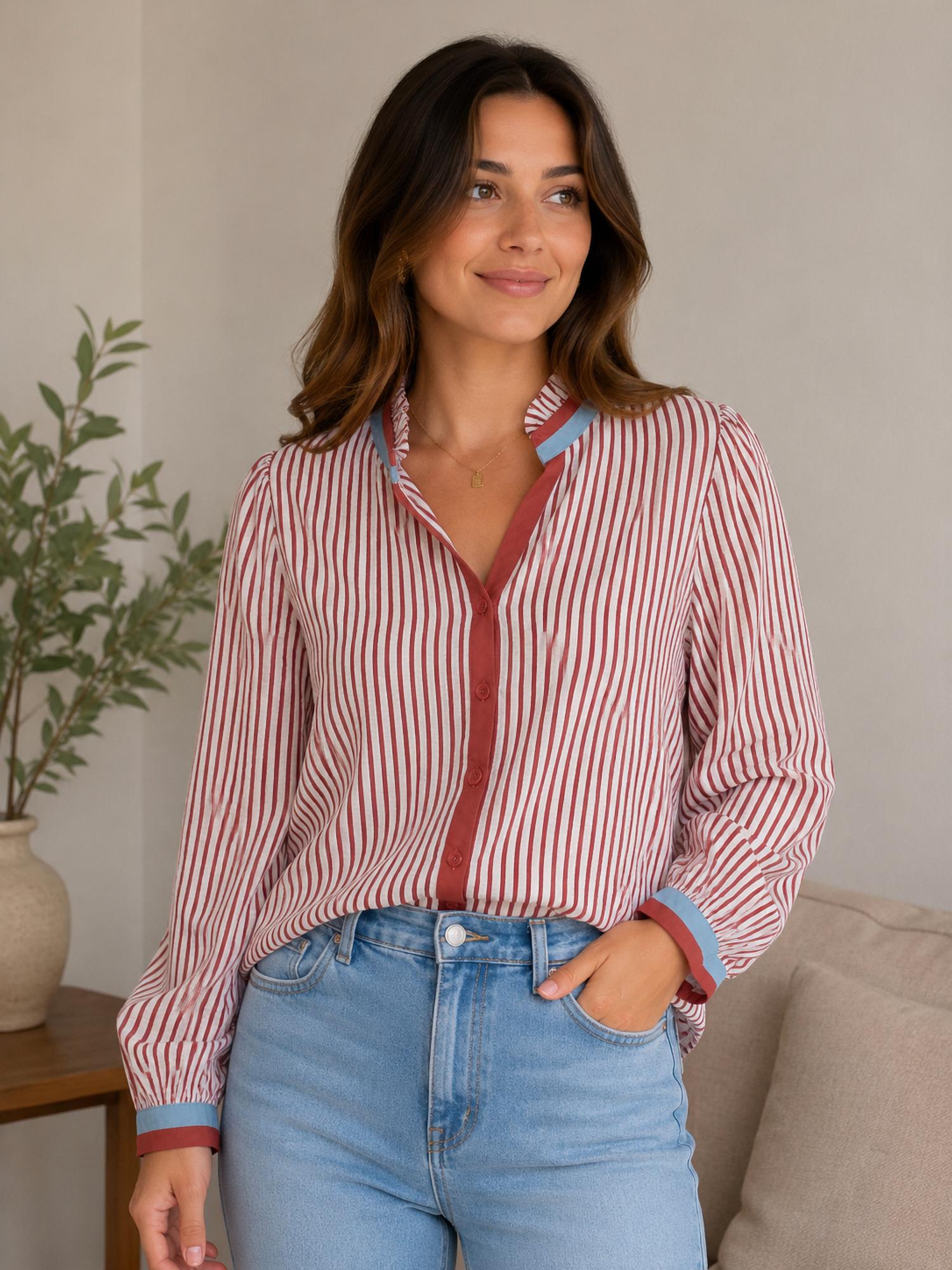 Jodifl - Brick Button Down Striped Ruffle Neck Top
