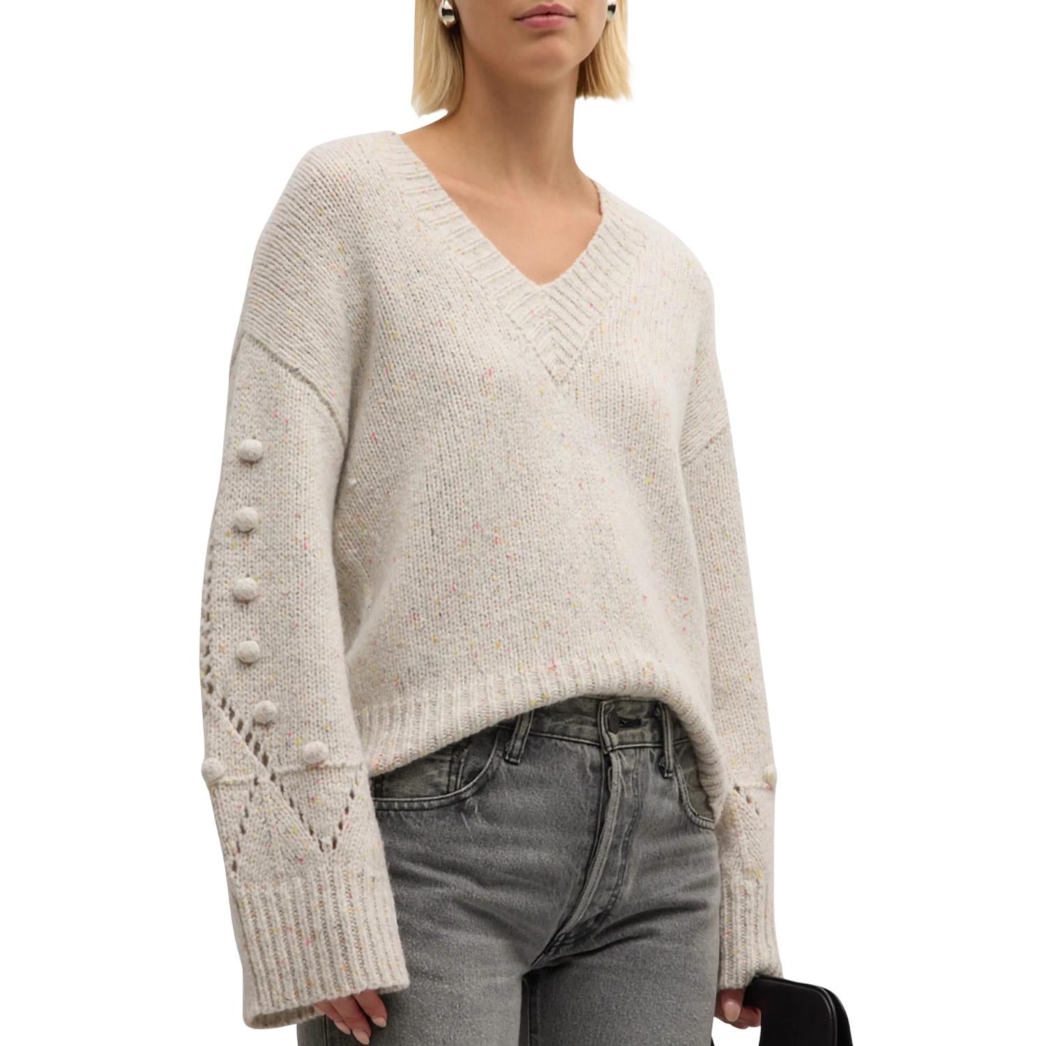 Autumn Cashmere - Chunky V With Pointelle & Popcorn Sleeve Top
