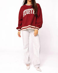 QUEEN OF SPARKLES Rhinestone Stuffed Sweatshirt in maroon ivory - women's top - alternate view