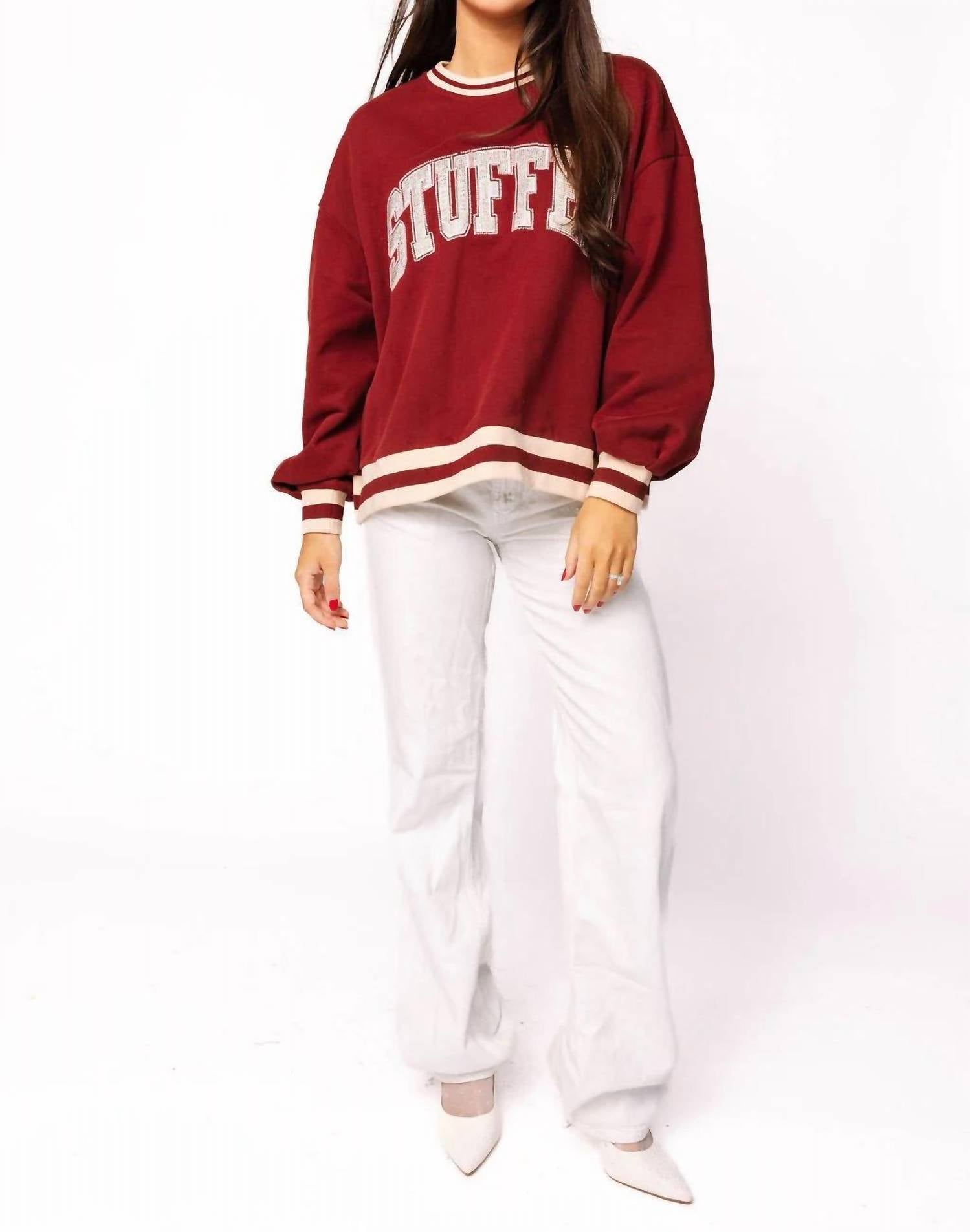 QUEEN OF SPARKLES Rhinestone Stuffed Sweatshirt in maroon ivory - women's top - alternate view