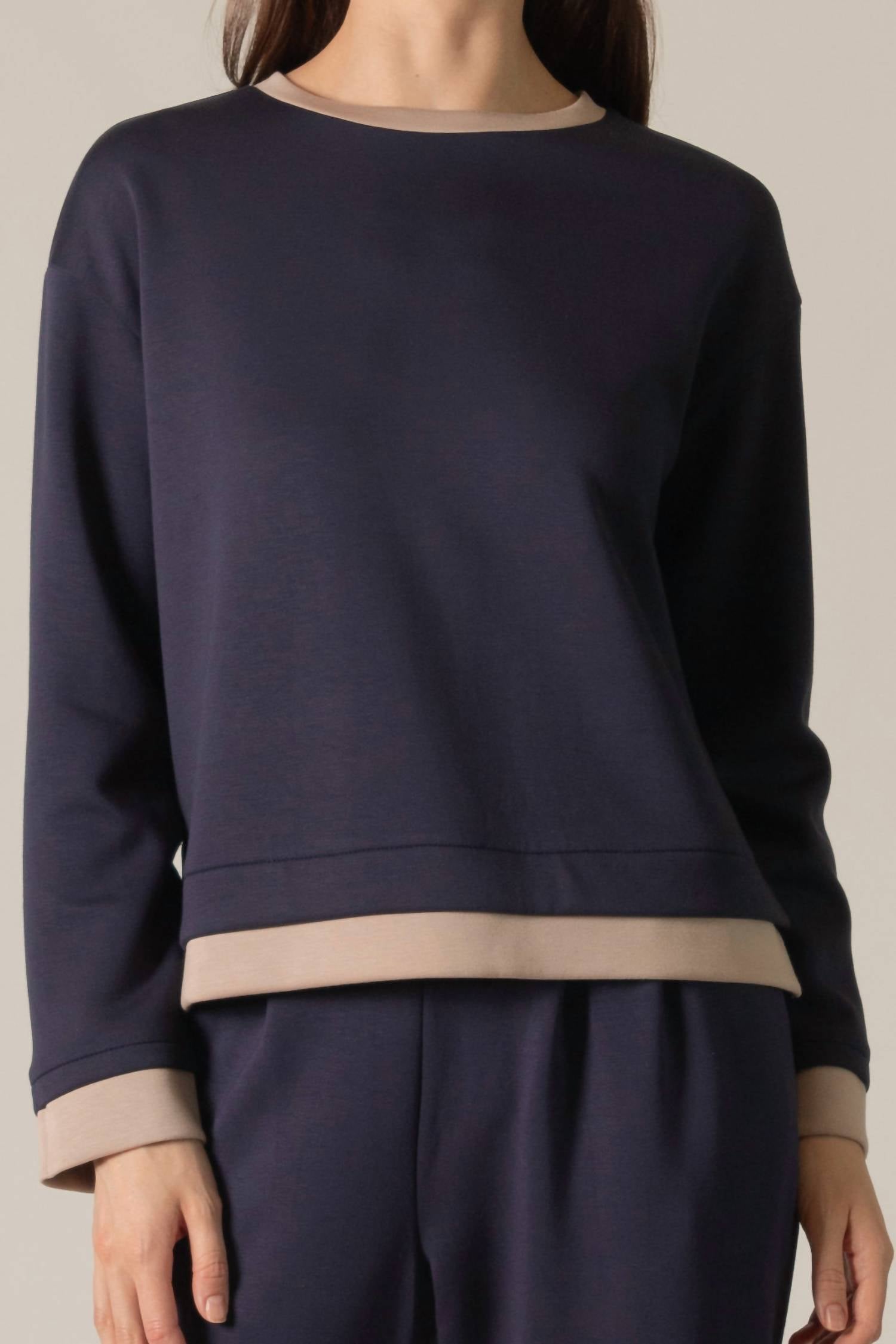 P.CILL Contrast Border Long Sleeve Top in navy and taupe - women's long sleeve top
