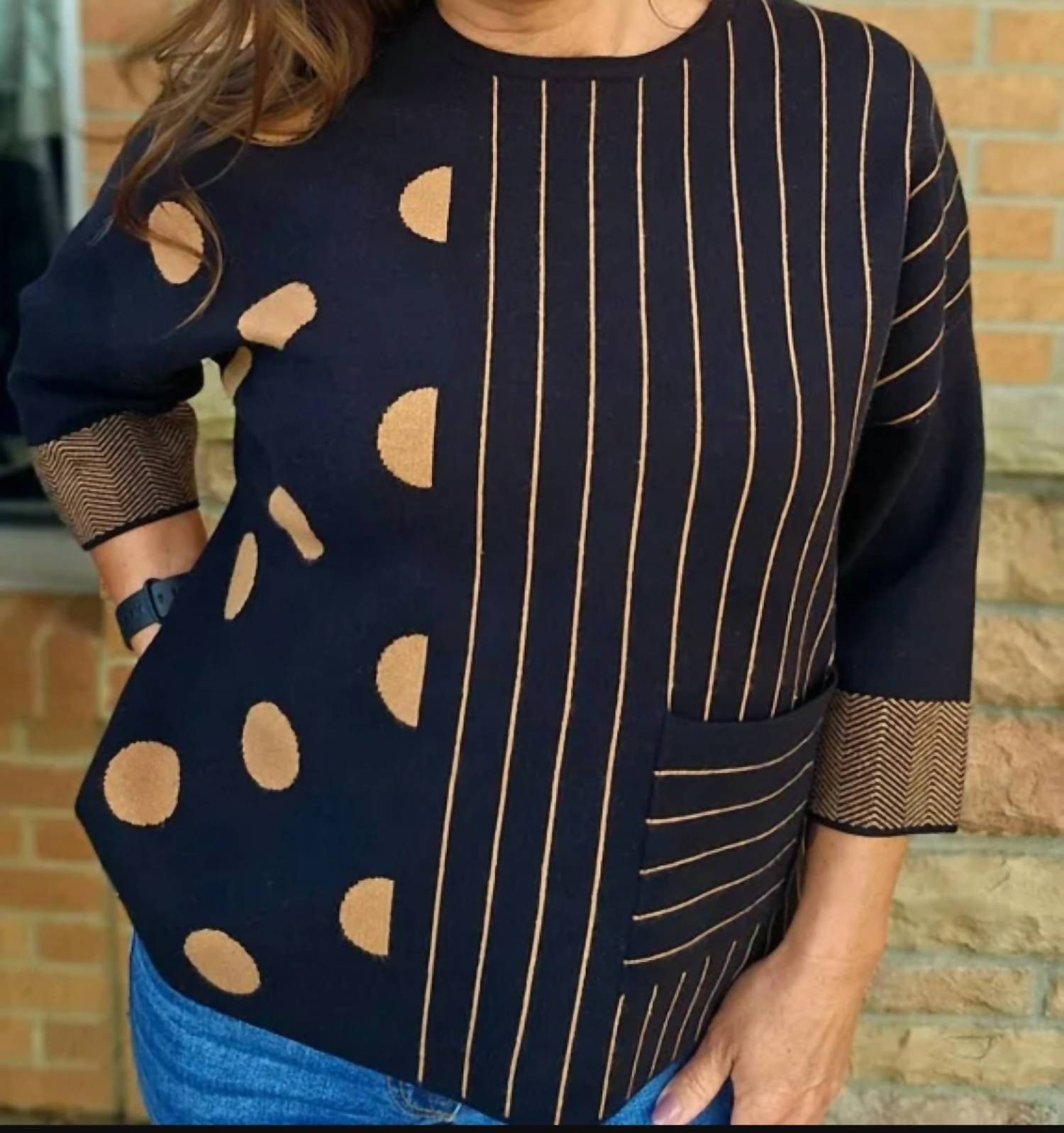 Picadilly - 3/4 Sleeves Striped Polka-dot Top