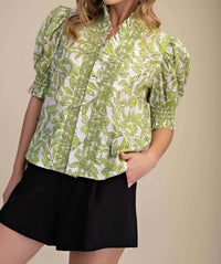 Glam - Ruffle V-neck Smocked Puff Sleeve Blouse