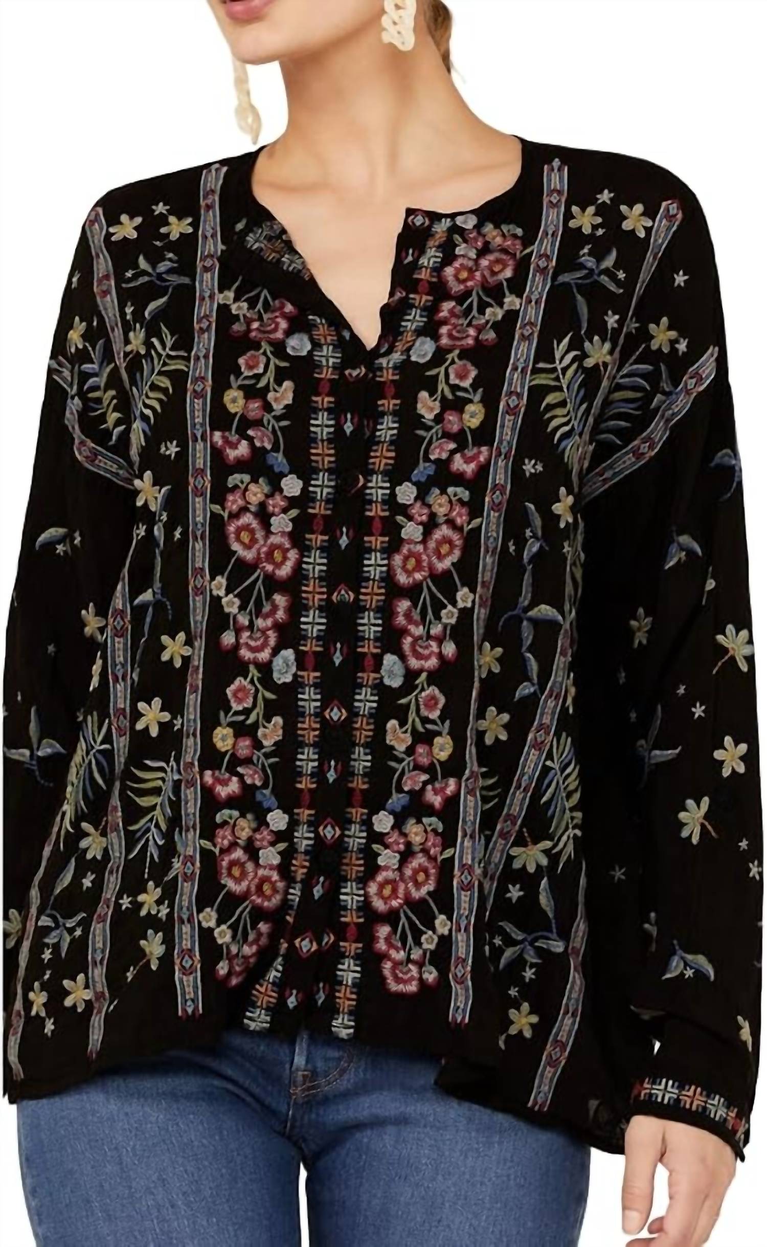 Johnny Was - Stripe Garden Floral Embroidered Blouse