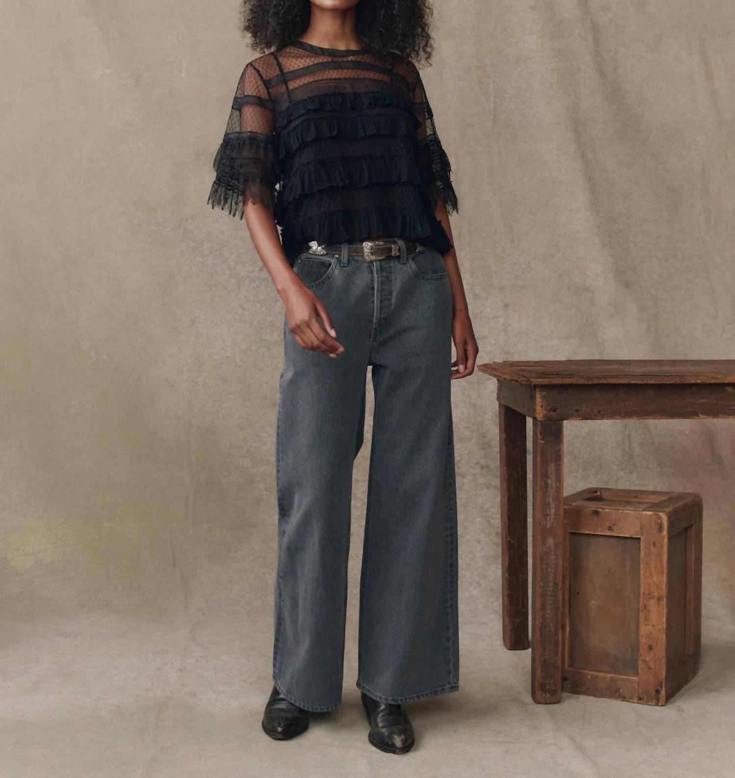THE GREAT. Women's The Winter Mesh Flounce Top in black - women's blouse - view 5