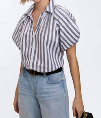 Foxcroft Paula Striped Puff Sleeve Shirt in blue stripes - women's blouse - detail view