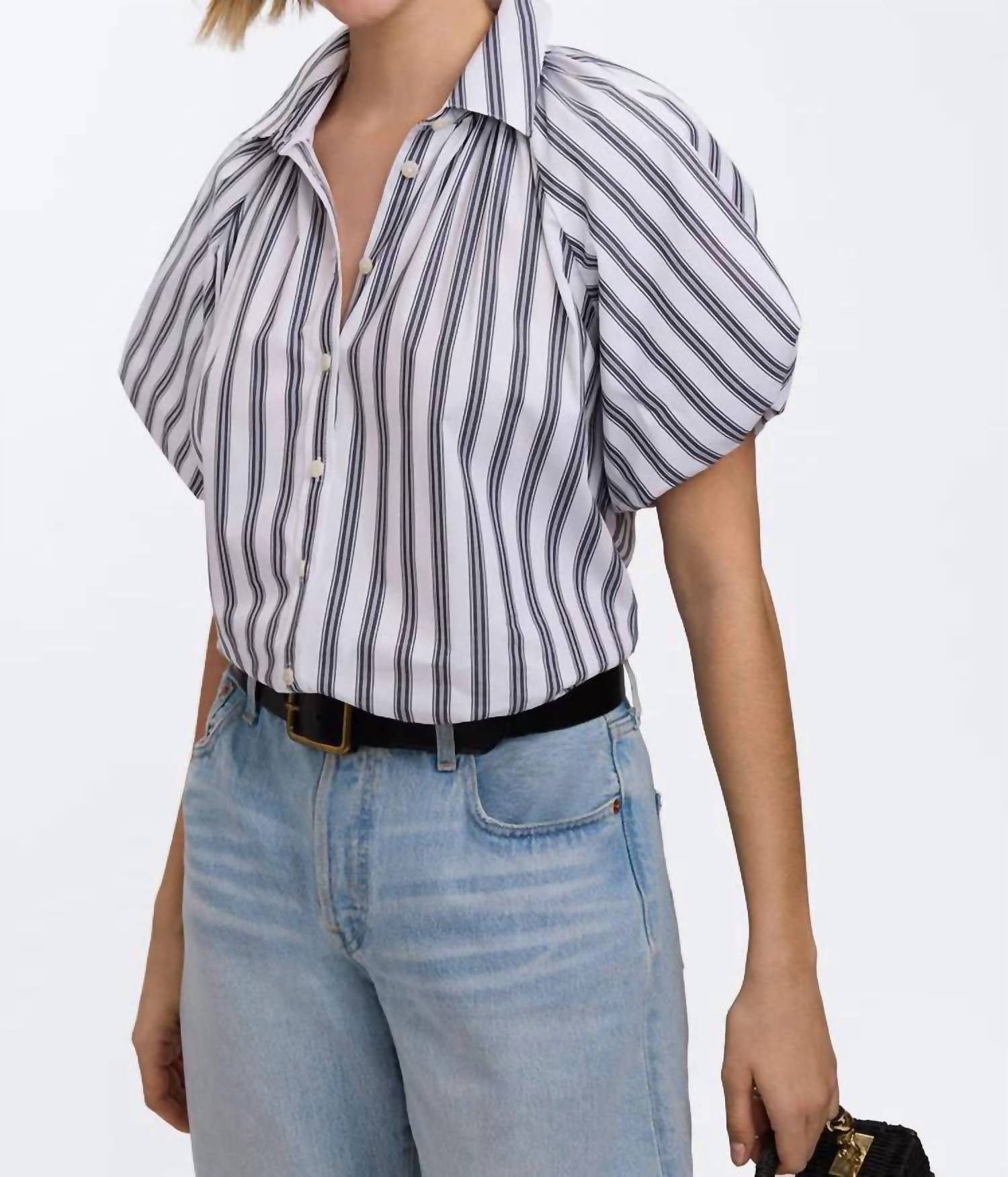 Foxcroft Paula Striped Puff Sleeve Shirt in blue stripes - women's blouse - detail view