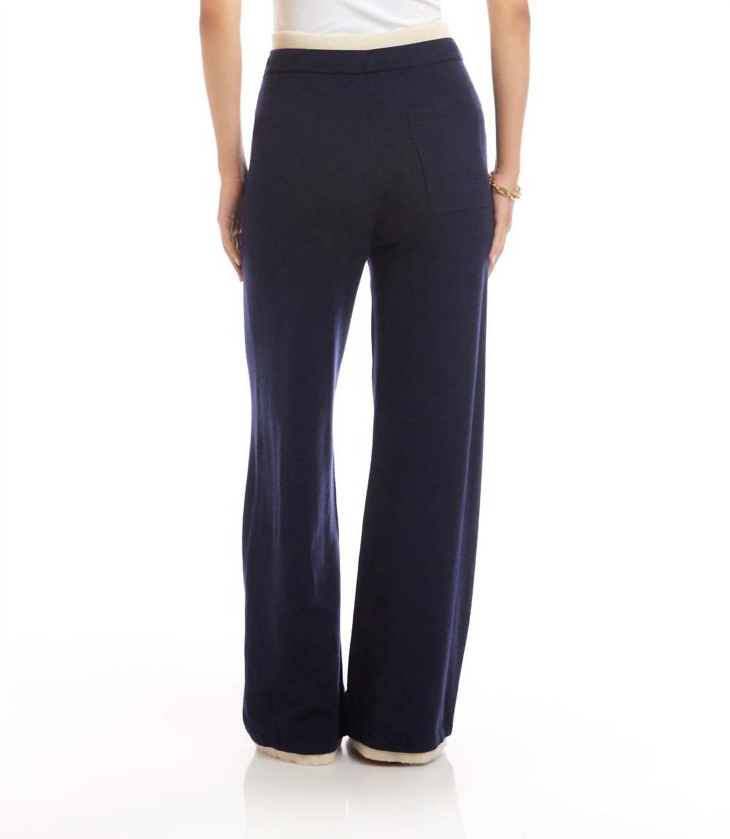 Karen Kane Contrast Drawstring Wide-Leg Sweater Pants in navy with cream - women's pants - alternate view