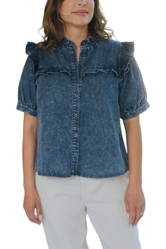 Jodifl - Denim Short Sleeve Shirt Ruffle Detail