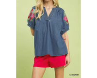 Style Usa - Women's Denim Embroidered Puff Sleeve Boho Top