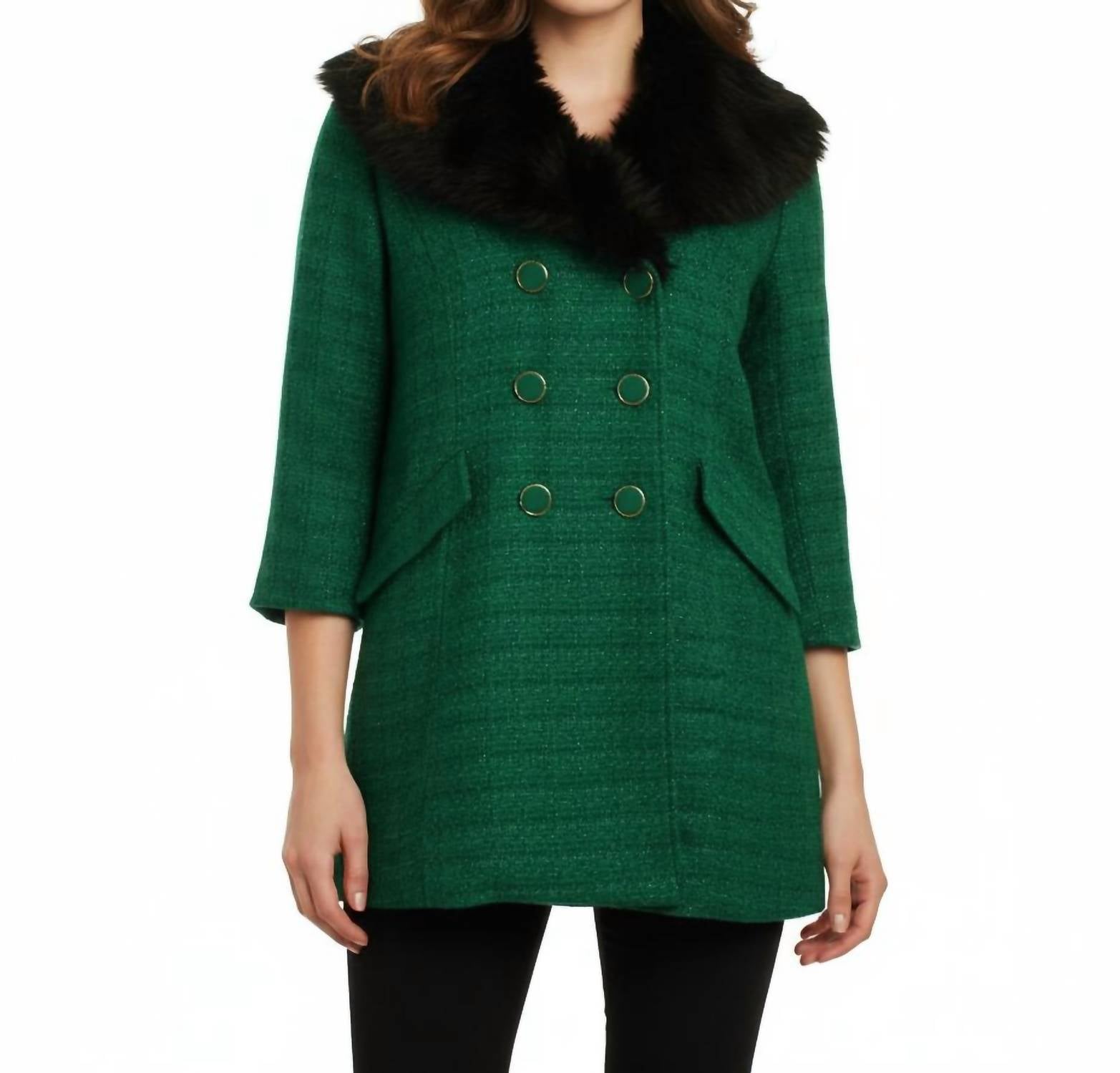 Tulle - Double Breasted Coat With Faux Fur Collar