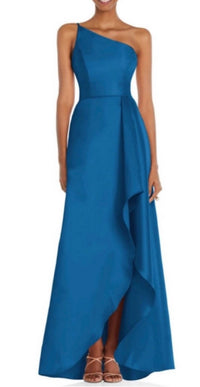ALFRED SUNG One-shoulder Twill High-low Gown in classic blue - women's dress