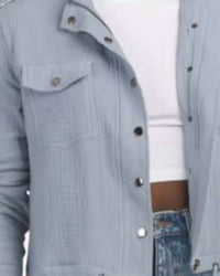 ELAN Cropped Crepe Jacket in blue - women's jacket - detail view