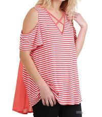 Umgee - Cold Shoulder Striped Top