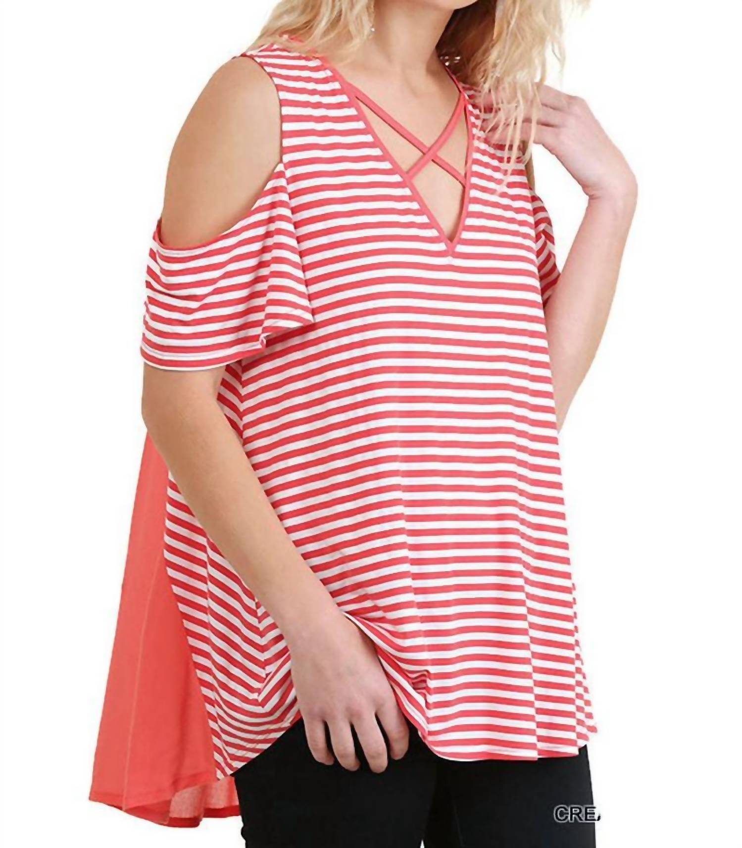 Umgee - Cold Shoulder Striped Top