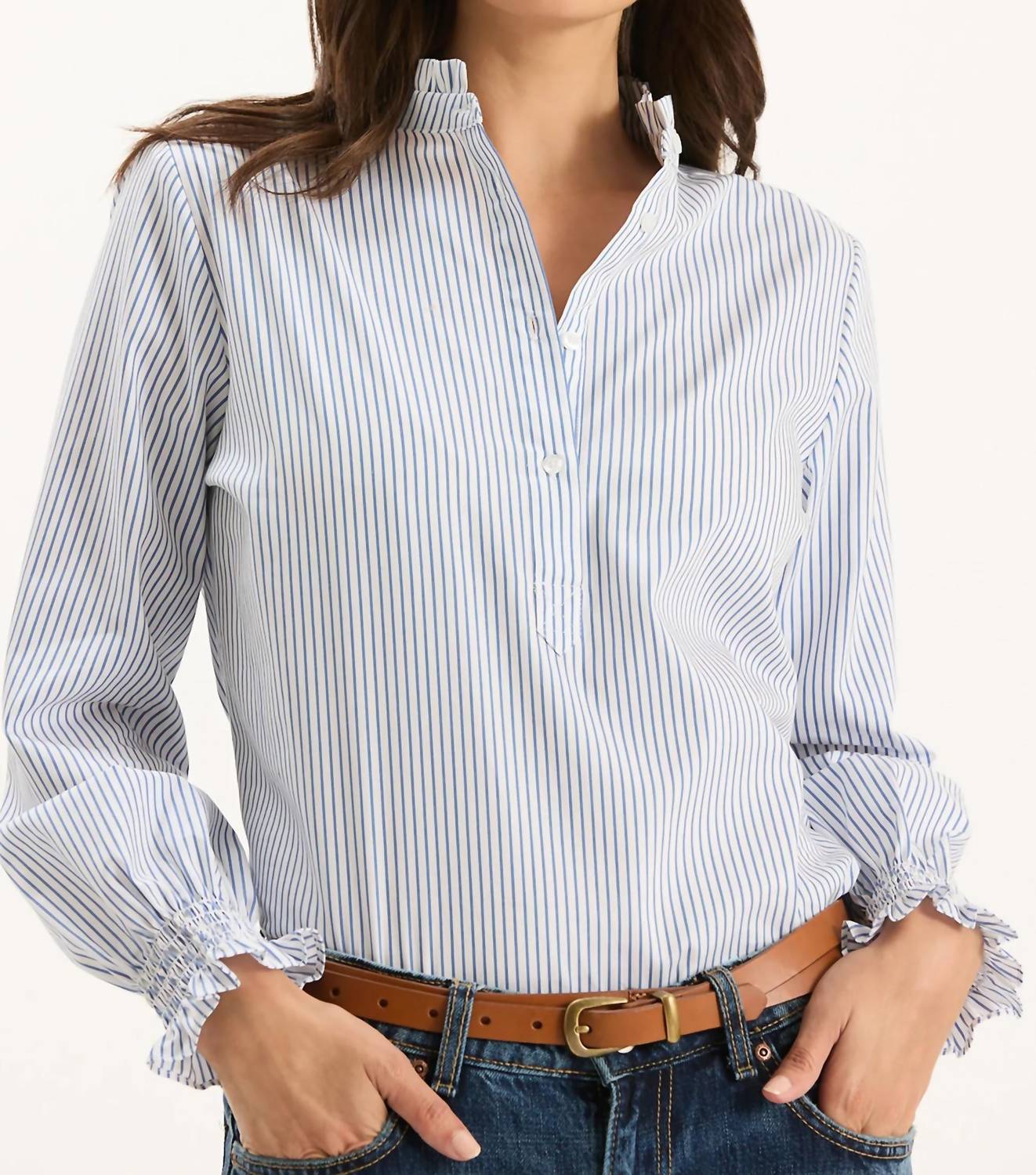 Tyler Boe - Gwen Pinstripe Ruffle Neck Shirt