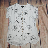 Papillon Women's Short Sleeve Floral Button Front Top in white - women's blouse