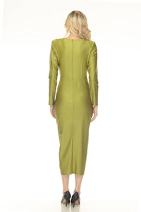 Joseph Ribkoff Ruched V-neck Satin Evening Midi Dress in fern green - women's dress - alternate view