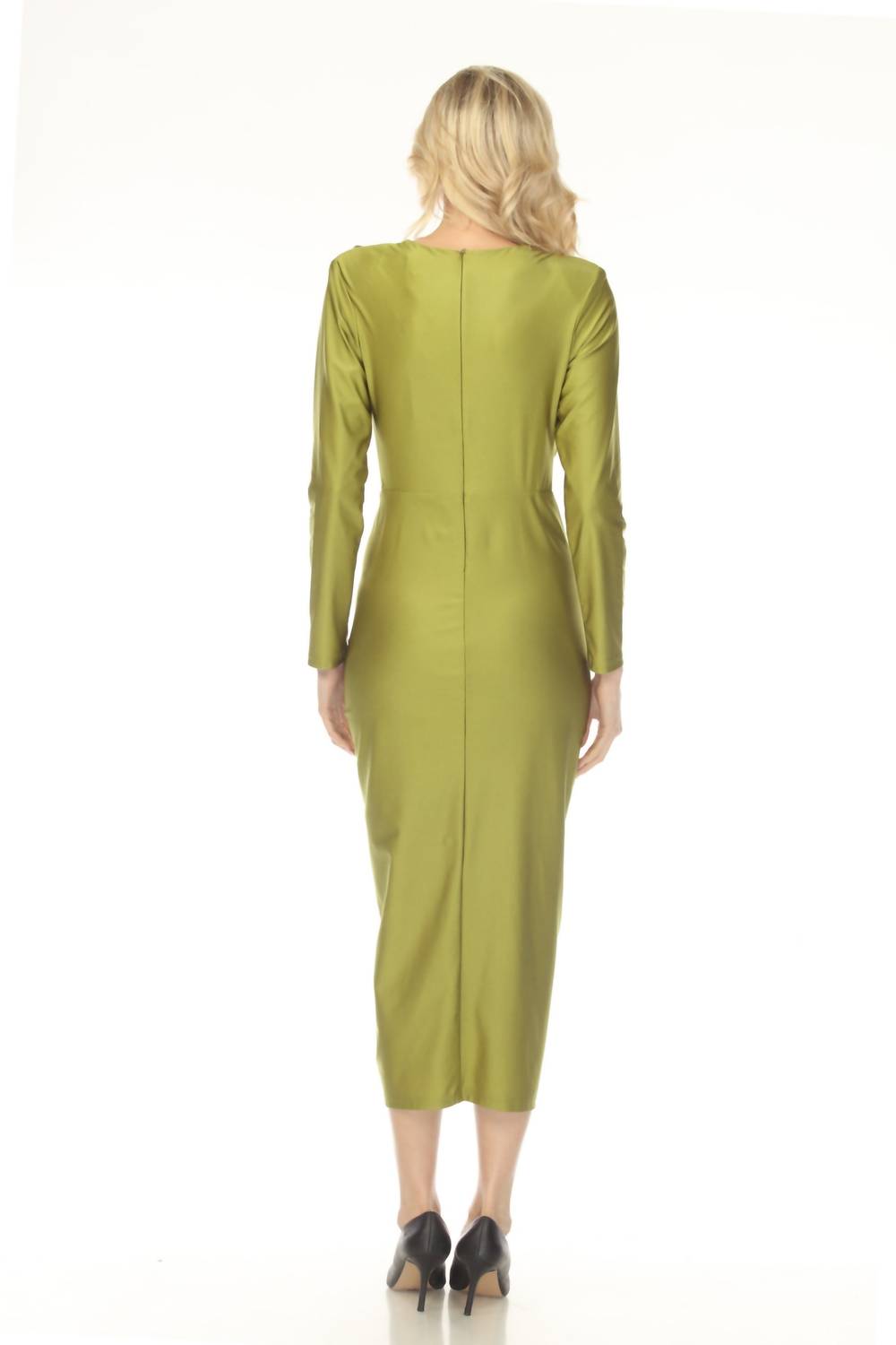 Joseph Ribkoff Ruched V-neck Satin Evening Midi Dress in fern green - women's dress - alternate view