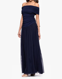 Betsy & Adam - Strapless Ruched Bodice Mesh Overlay Floor Length Dress
