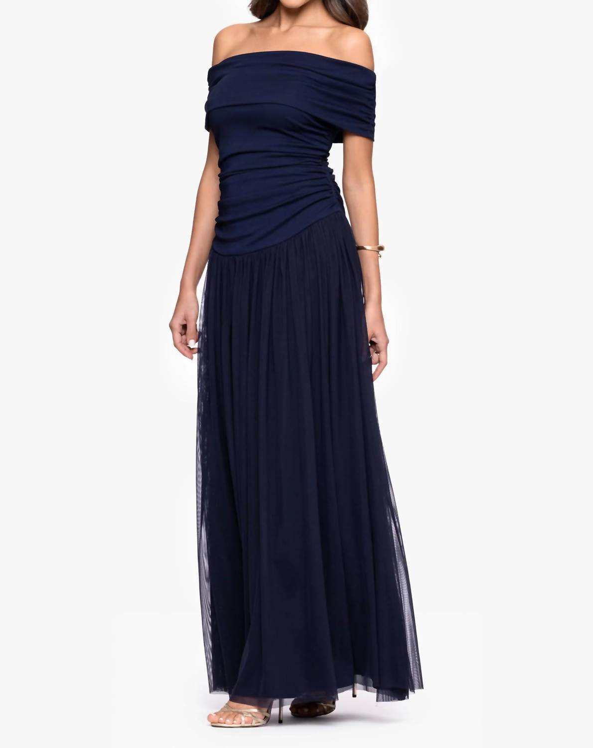 Betsy & Adam - Strapless Ruched Bodice Mesh Overlay Floor Length Dress