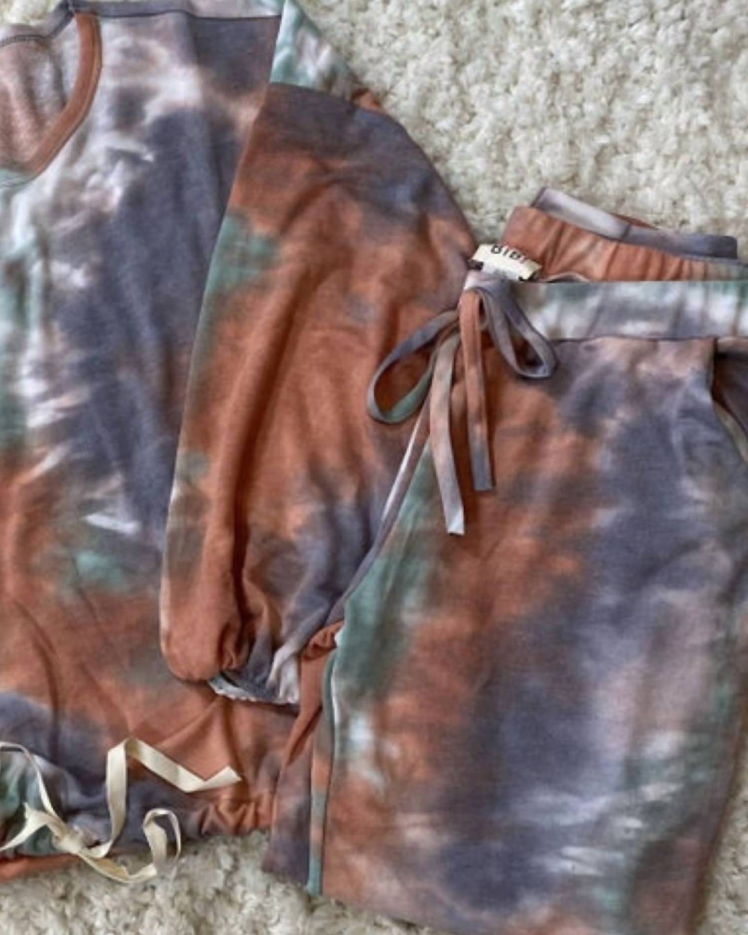 BiBi Women's Tie Dye French Terry Top & Bottom Set in blue marsala - women's sleepwear - detail view