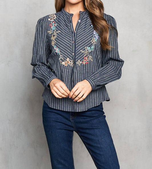 Paparazzi - Embroidered Yarn Dye Stripe Prairie Blouse