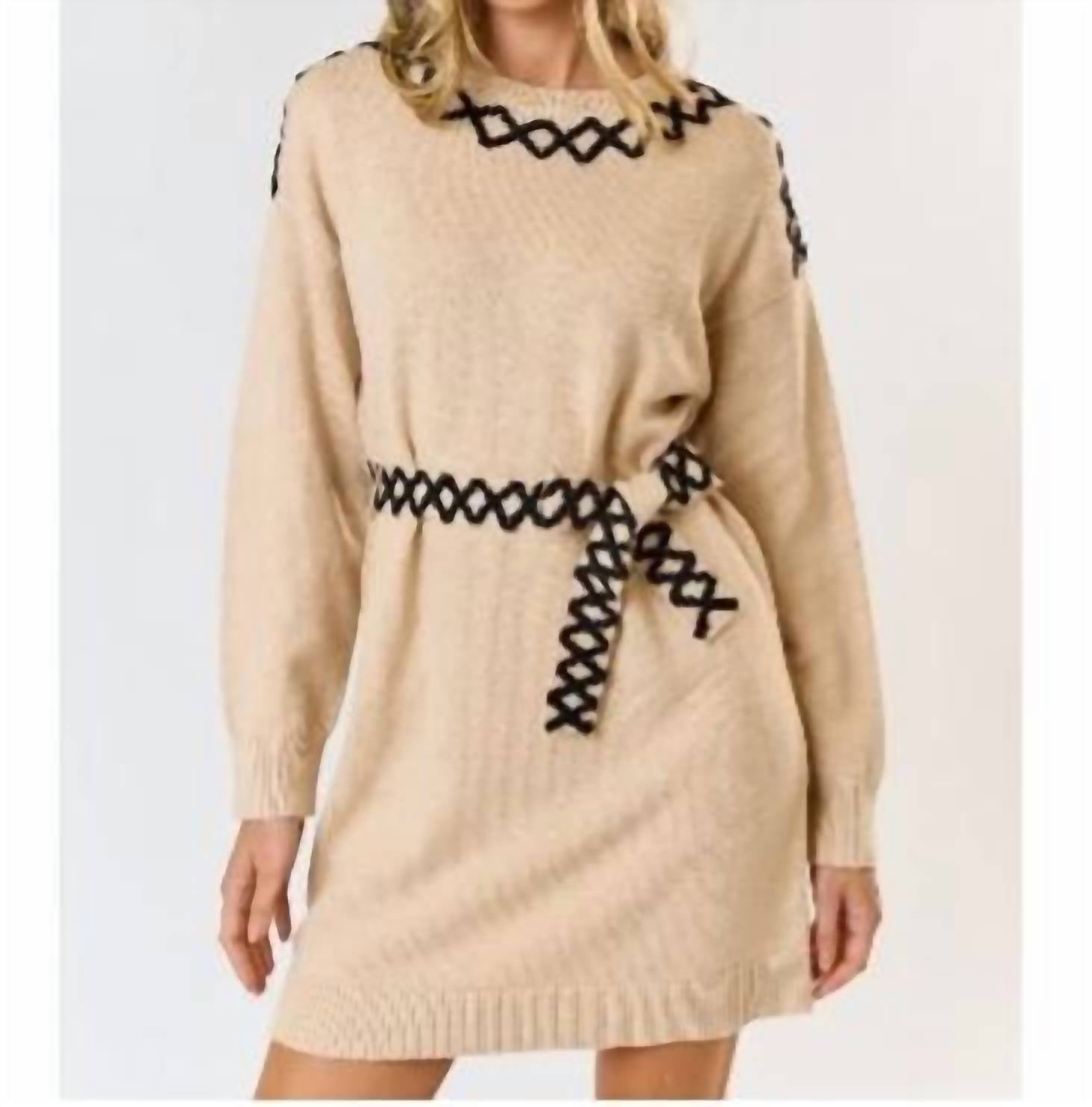 Lalavon - Waist Tie Long Sleeve Sweater Dress