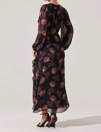 ASTR Corrina Floral Ruffle Maxi Dress in black 1 - women's dress - detail view