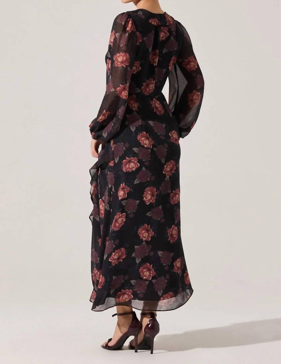 ASTR Corrina Floral Ruffle Maxi Dress in black 1 - women's dress - detail view