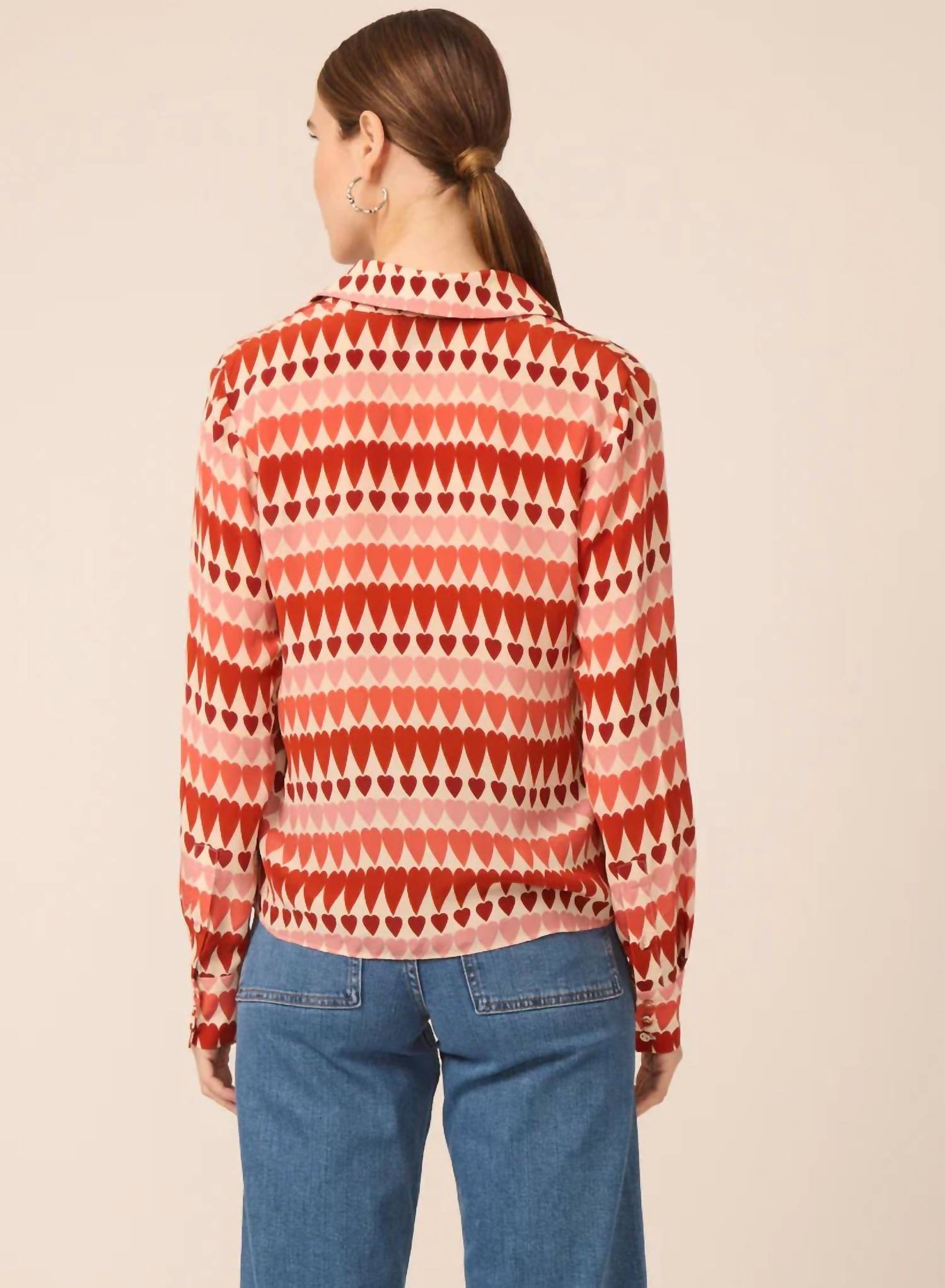 GILNER FARRAR Troy Long-sleeve Collared Blouse in red multi - women's blouse - detail view