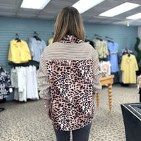 Rosa Clothing - Chic Style Leopard And Striped Patchwork Shirt