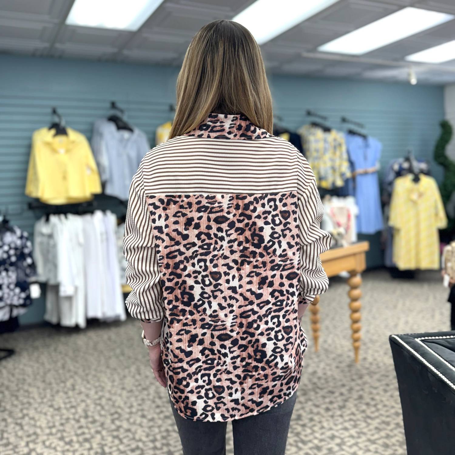 Rosa Clothing - Chic Style Leopard And Striped Patchwork Shirt