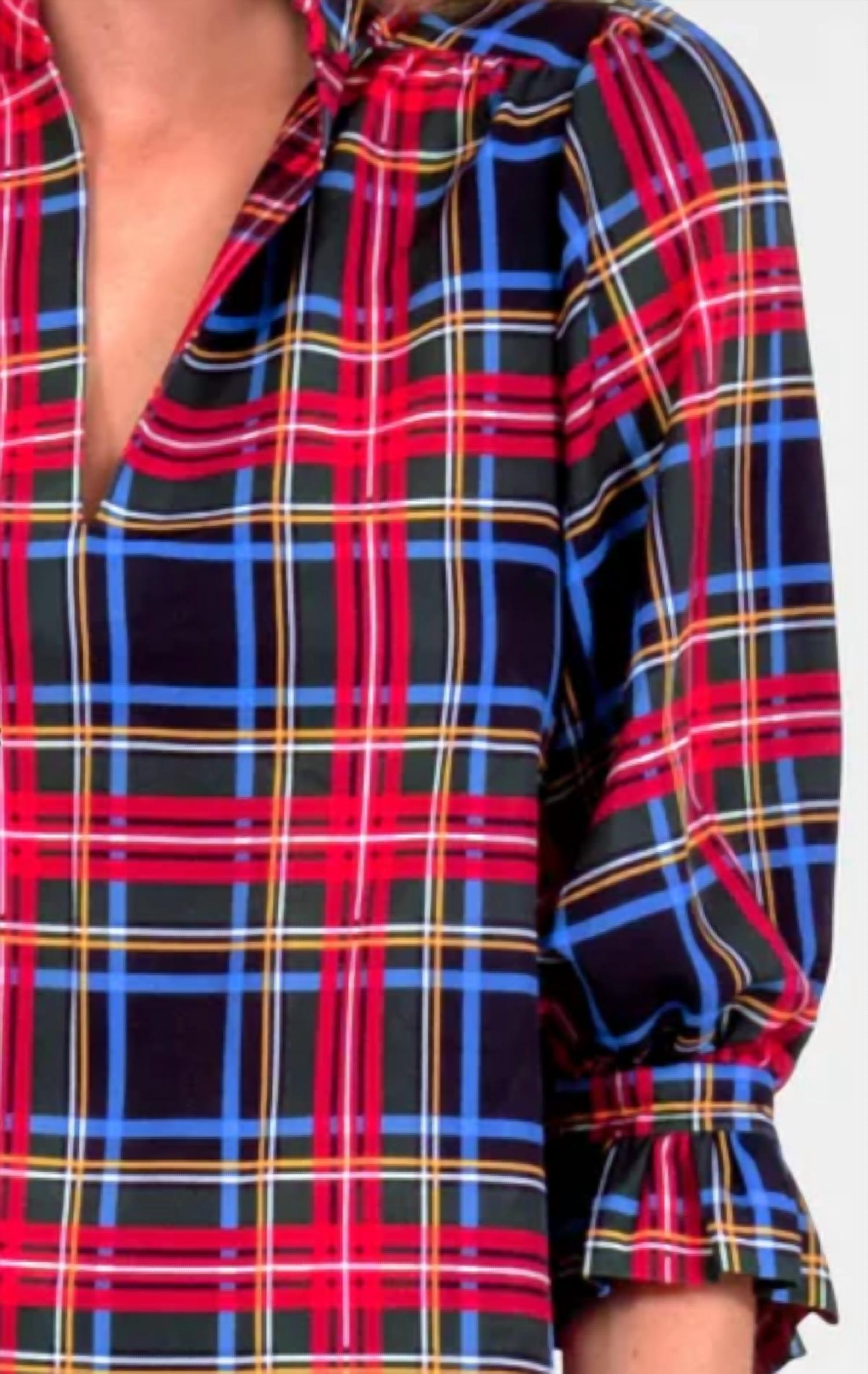 GRETCHEN SCOTT Stewart Ruffleneck Blouse in black multi - women's blouse - detail view
