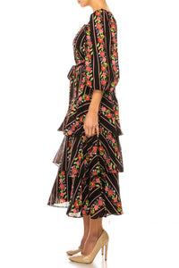 Maison Tara - Square Neck Tiered Skirt Midi Dress