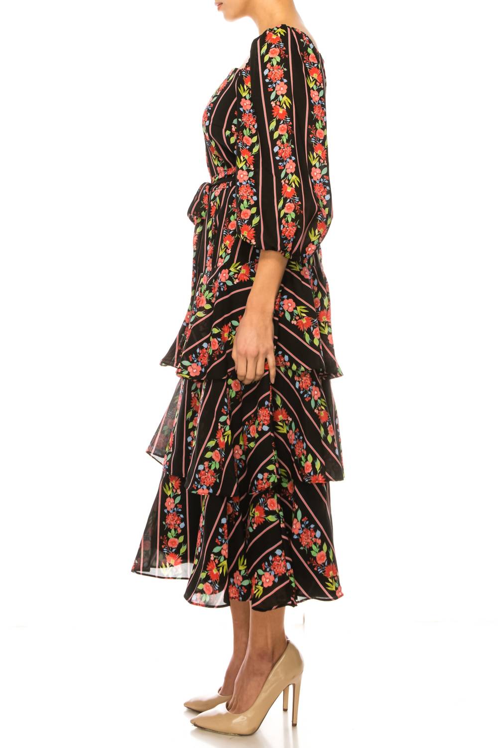 Maison Tara - Square Neck Tiered Skirt Midi Dress