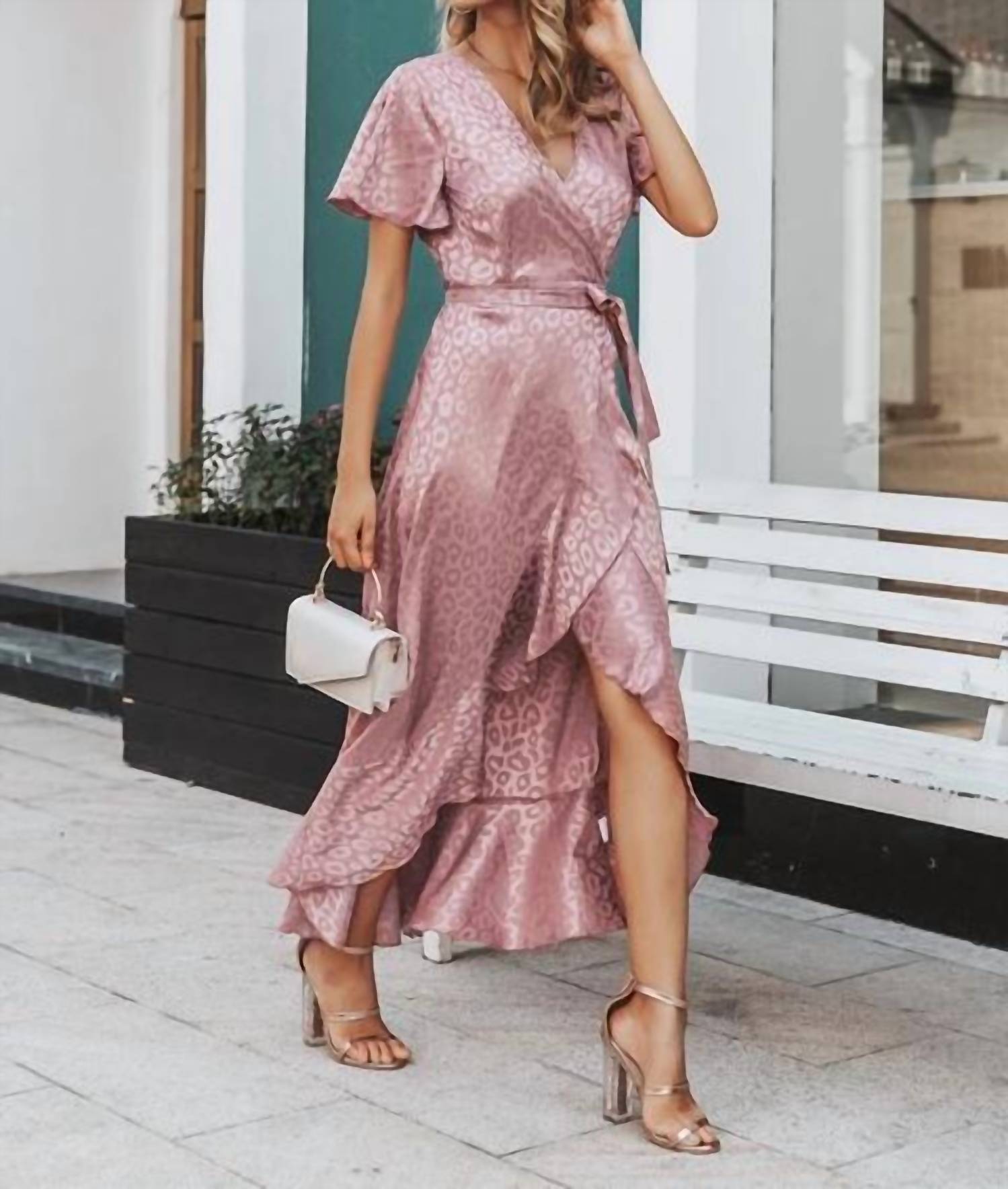 Simplee Apparel - Asymmetrical Ruffle Hem Wrap Maxi Dress