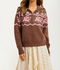 Knit & Lounge - Half-zip Sweater With Floral Fair Isle Pattern