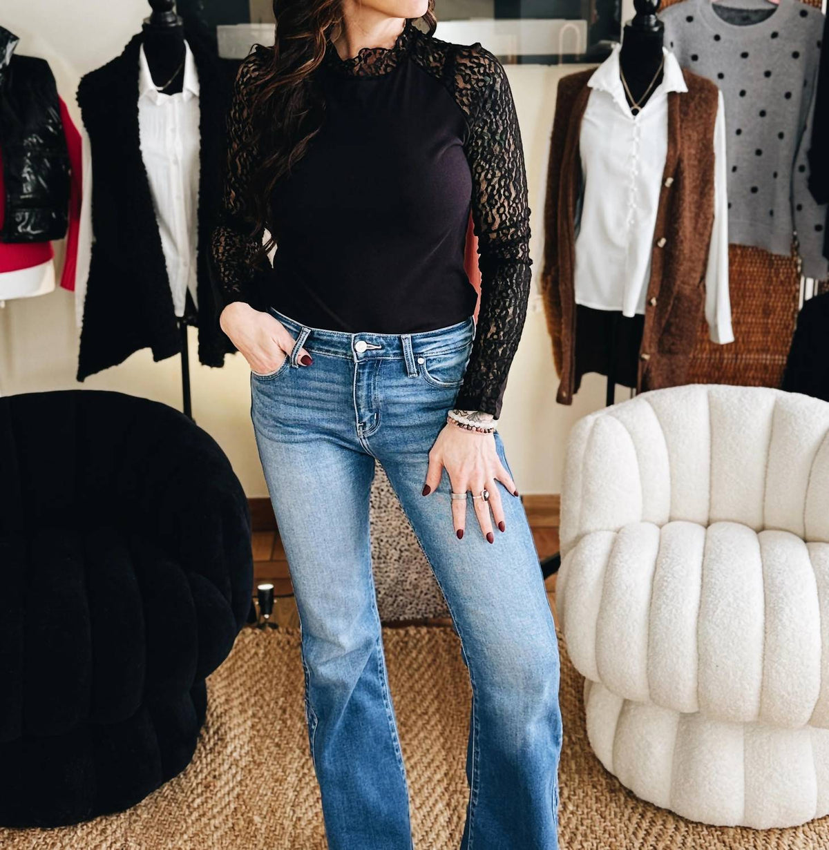 Little Daisy Closet - Midnight Leopard Lace Sleeve Top