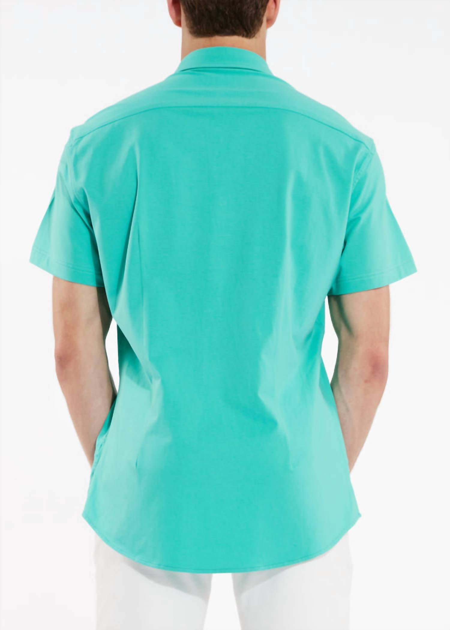 Steele Solid Knit Stretch Short Sleeve Shirt in lake - men's shirt - detail view