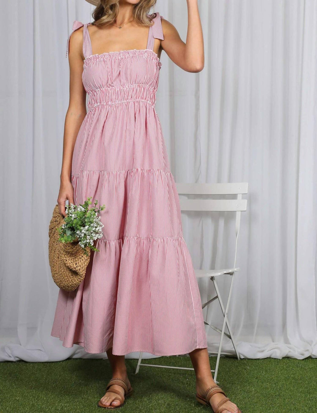 Vine & Love - Square Neck Shoulder Striped Sleeveless Maxi Dress