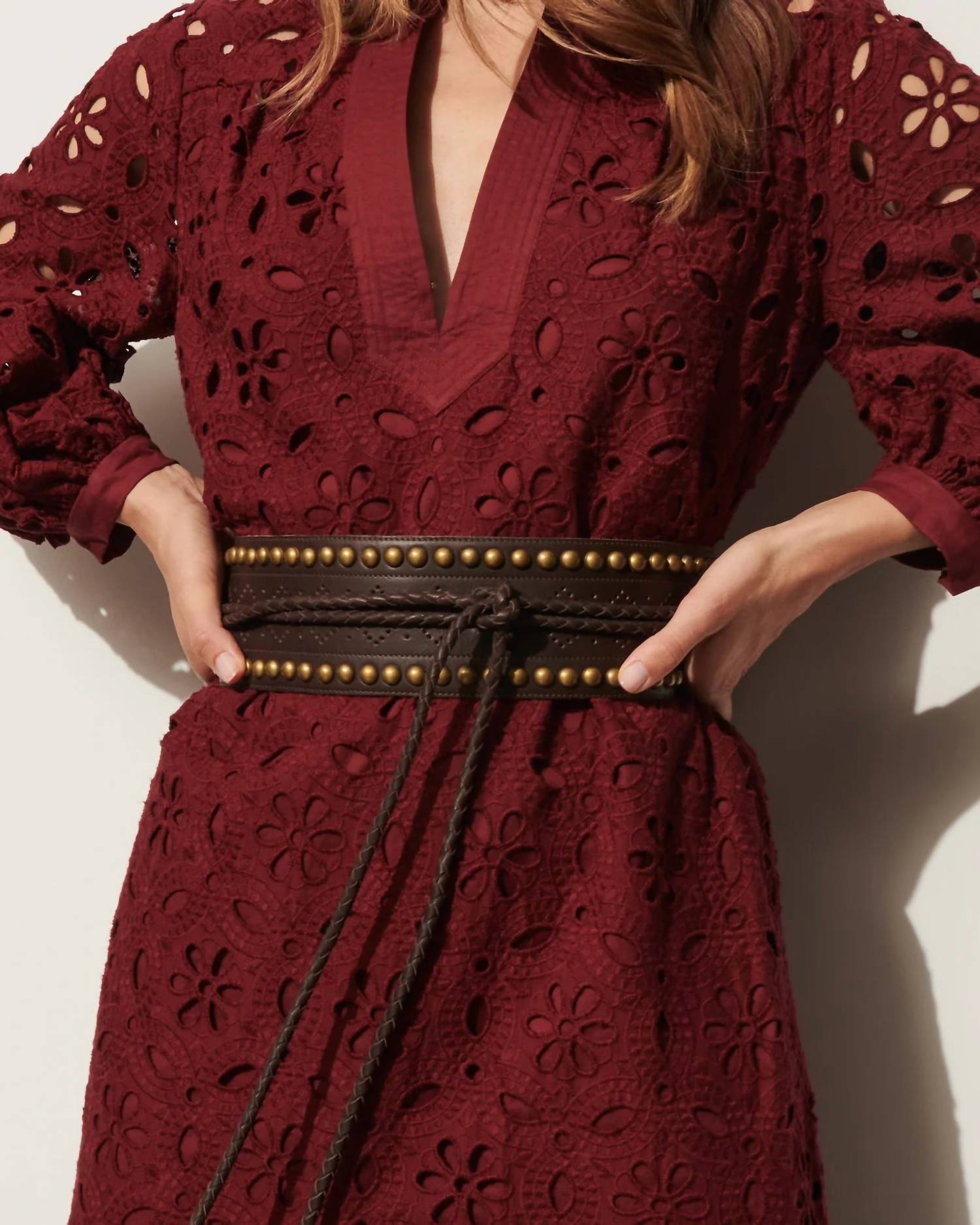 FIGUE Studded Wrap Belt in dahlia dark brown - women's accessory - detail view