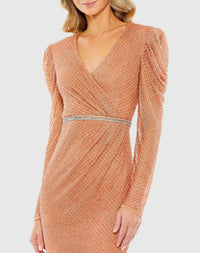 Mac Duggal - Beaded Wrap Over Puff Sleeve Dress